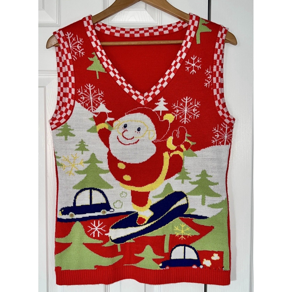 Novelty No Label Sweater‎ Vest Snowboard Santa Winter Ugly Sweater Medium
